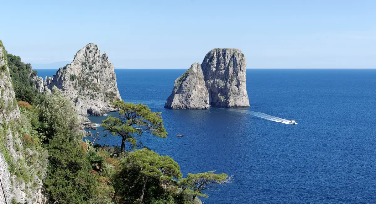 Die Faraglioni zwischen Pinien und Meer